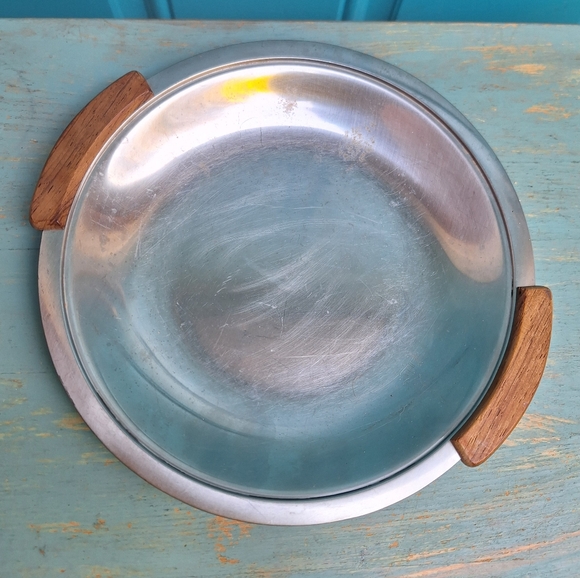 Vintage Stainless Steel Tray Teak Wood Handles MCM Metal Platter Modern Display - Picture 4 of 15